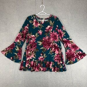Vintage Hazel Floral Bell Sleeves Blouse Size 1XL Ruffle Hem Stretch 90s